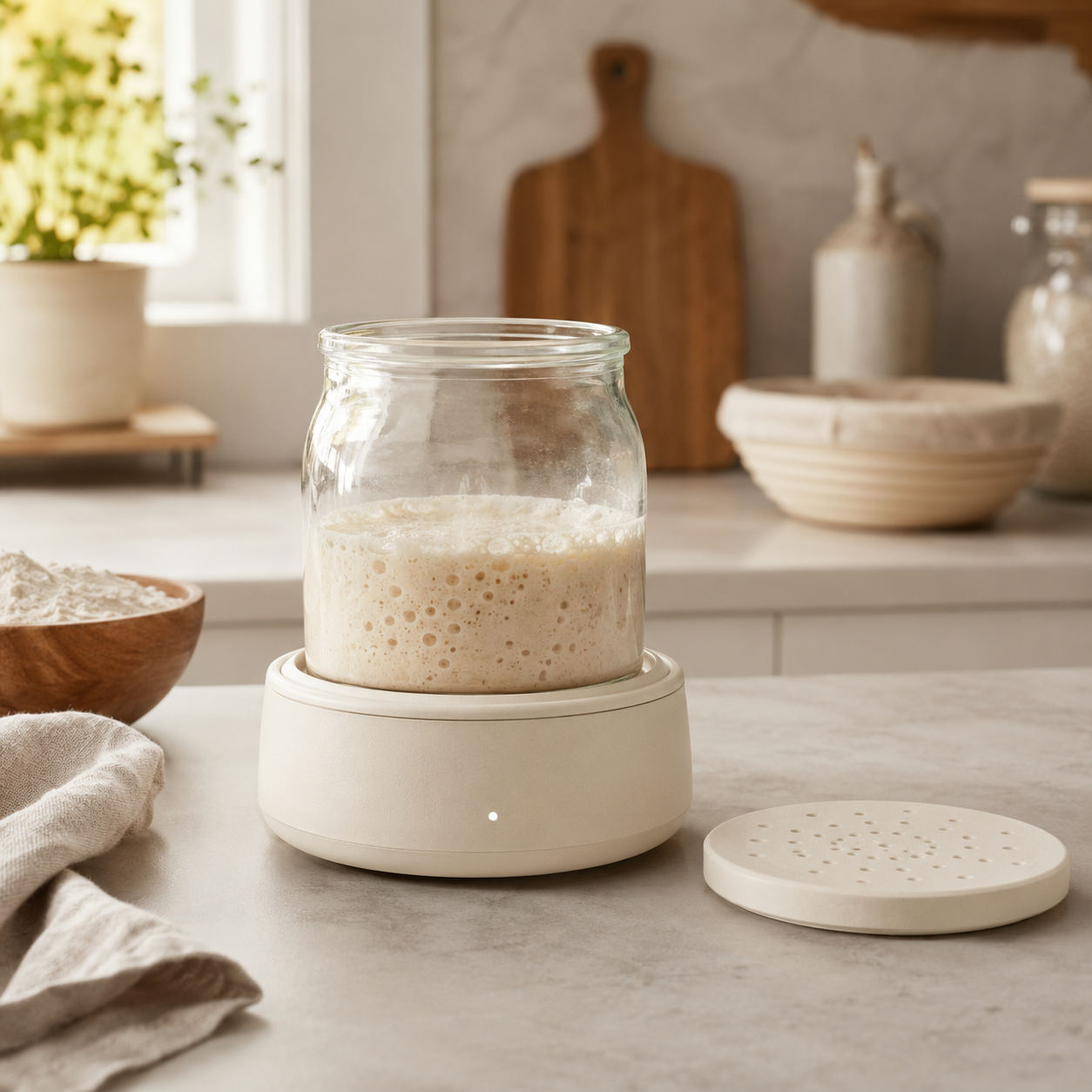 Sourdough starter warmer and cooling puck