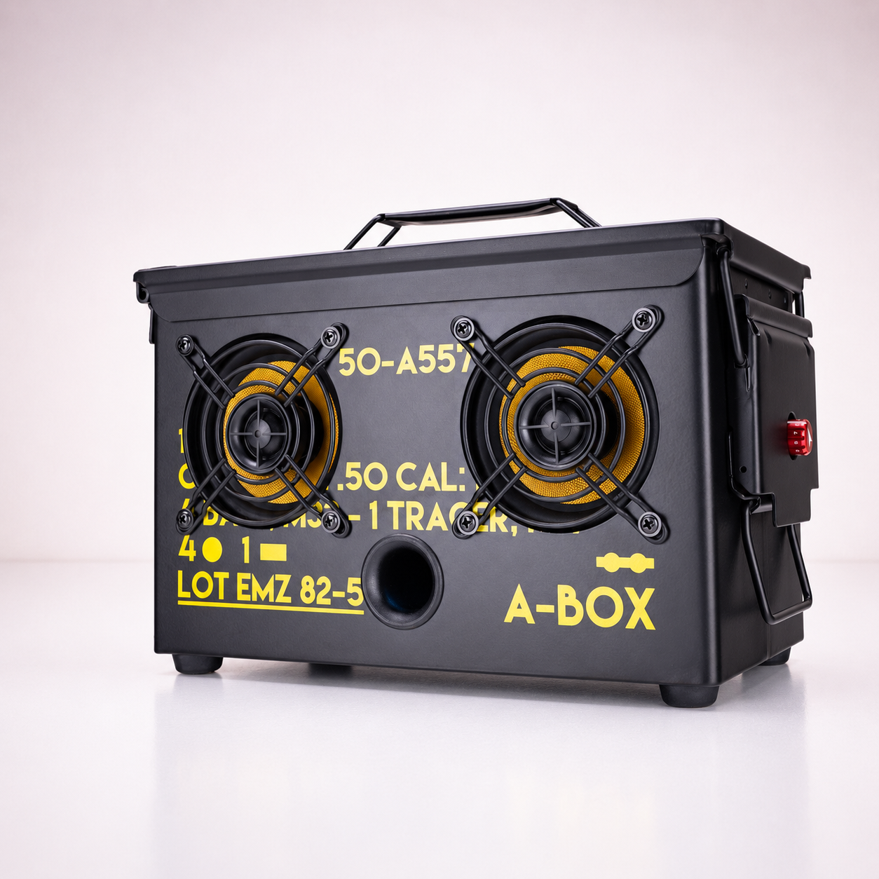 A-BOX .50 Cal ammo can Bluetooth speaker on a light studio background