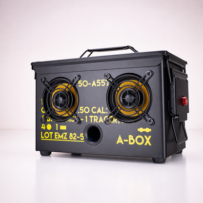 A-BOX .50 Cal ammo can Bluetooth speaker on a light studio background