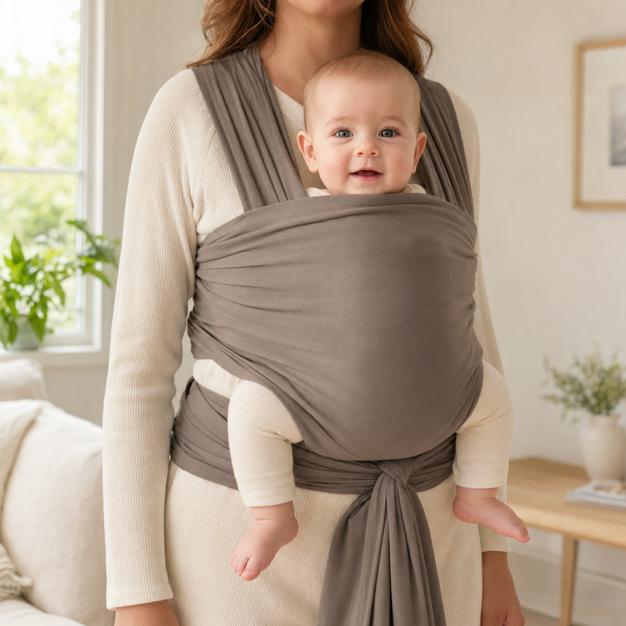 Adjustable baby wrap carrier worn with a clear airway