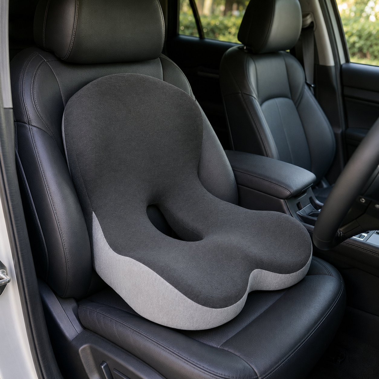Ergonomic support cushion fitted to car seat