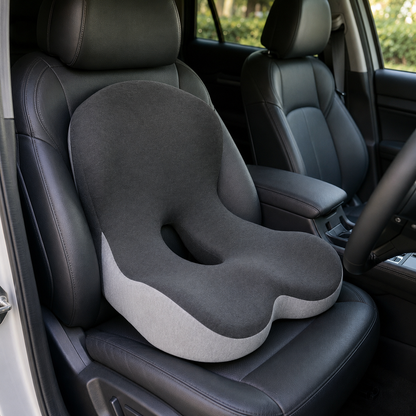 Ergonomic support cushion fitted to car seat