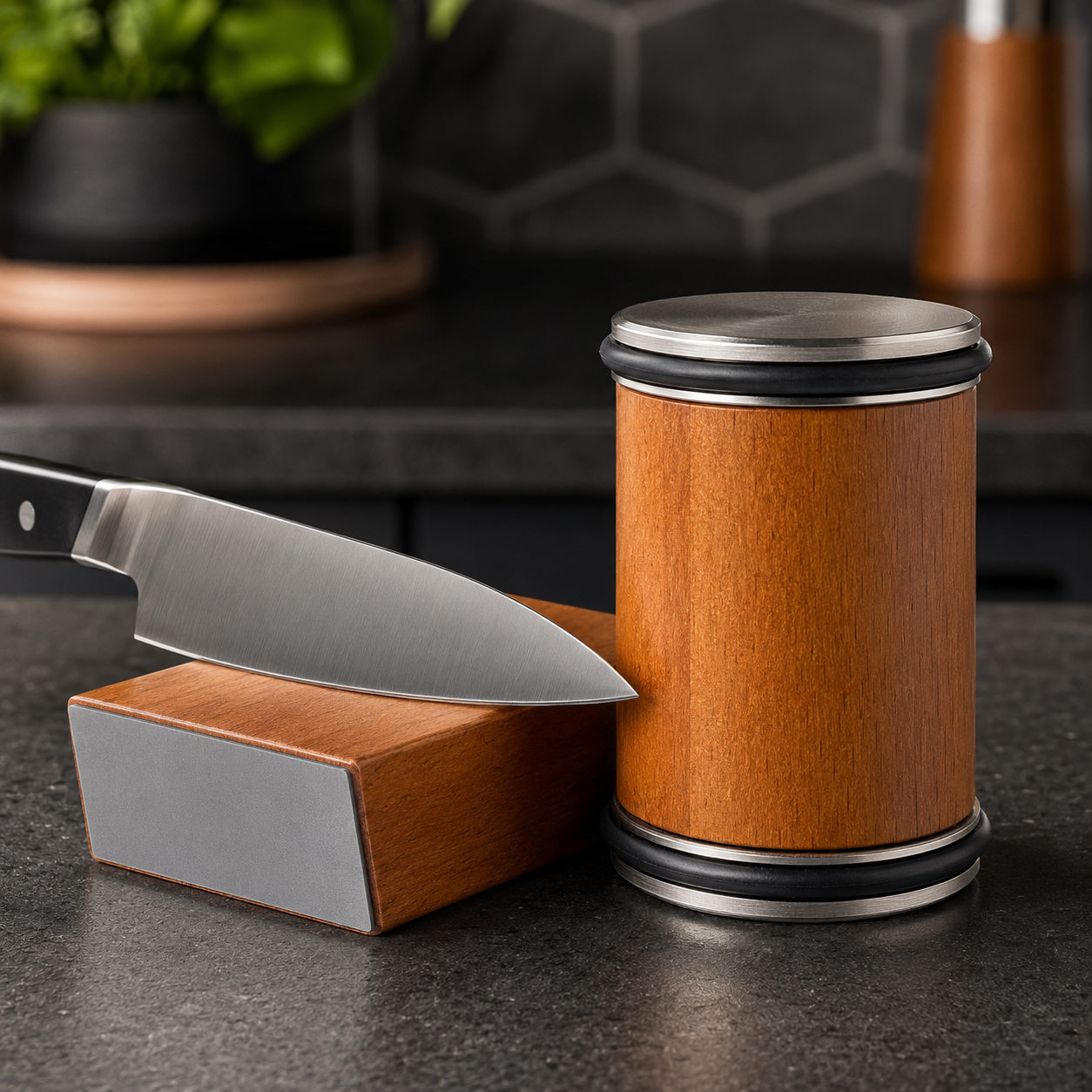 Rolling sharpener and magnetic angle guide detail
