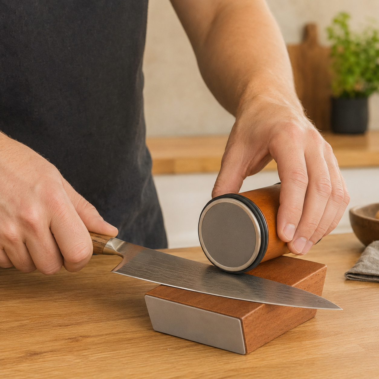 Magnetic rolling knife sharpener in use