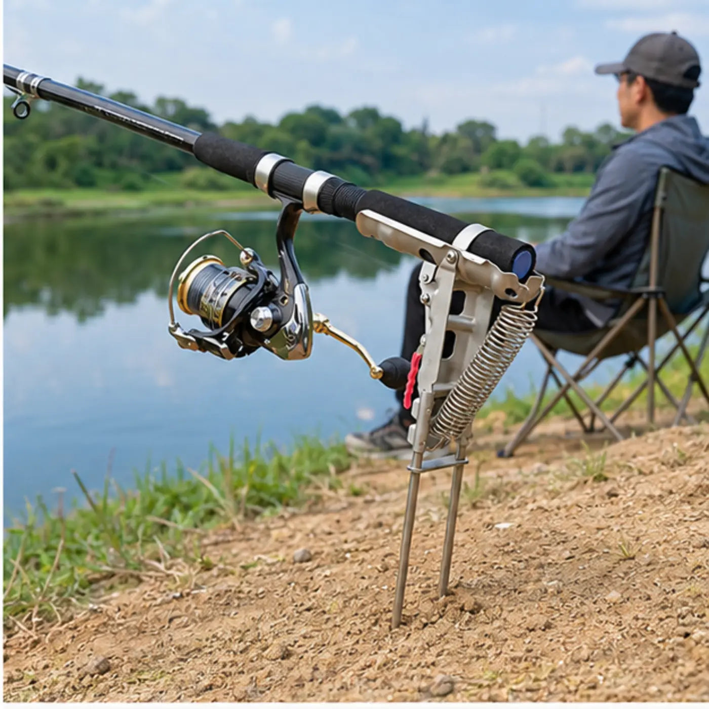 Spring-Loaded Fishing Rod Holder with Ground Stake — Product in use