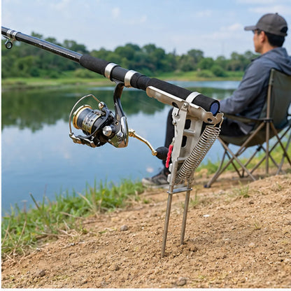 Spring-Loaded Fishing Rod Holder with Ground Stake — Product in use