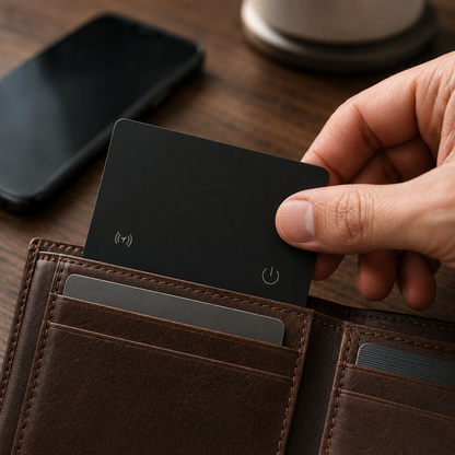 Unbranded ultra-thin black wallet tracker card sliding into a leather wallet