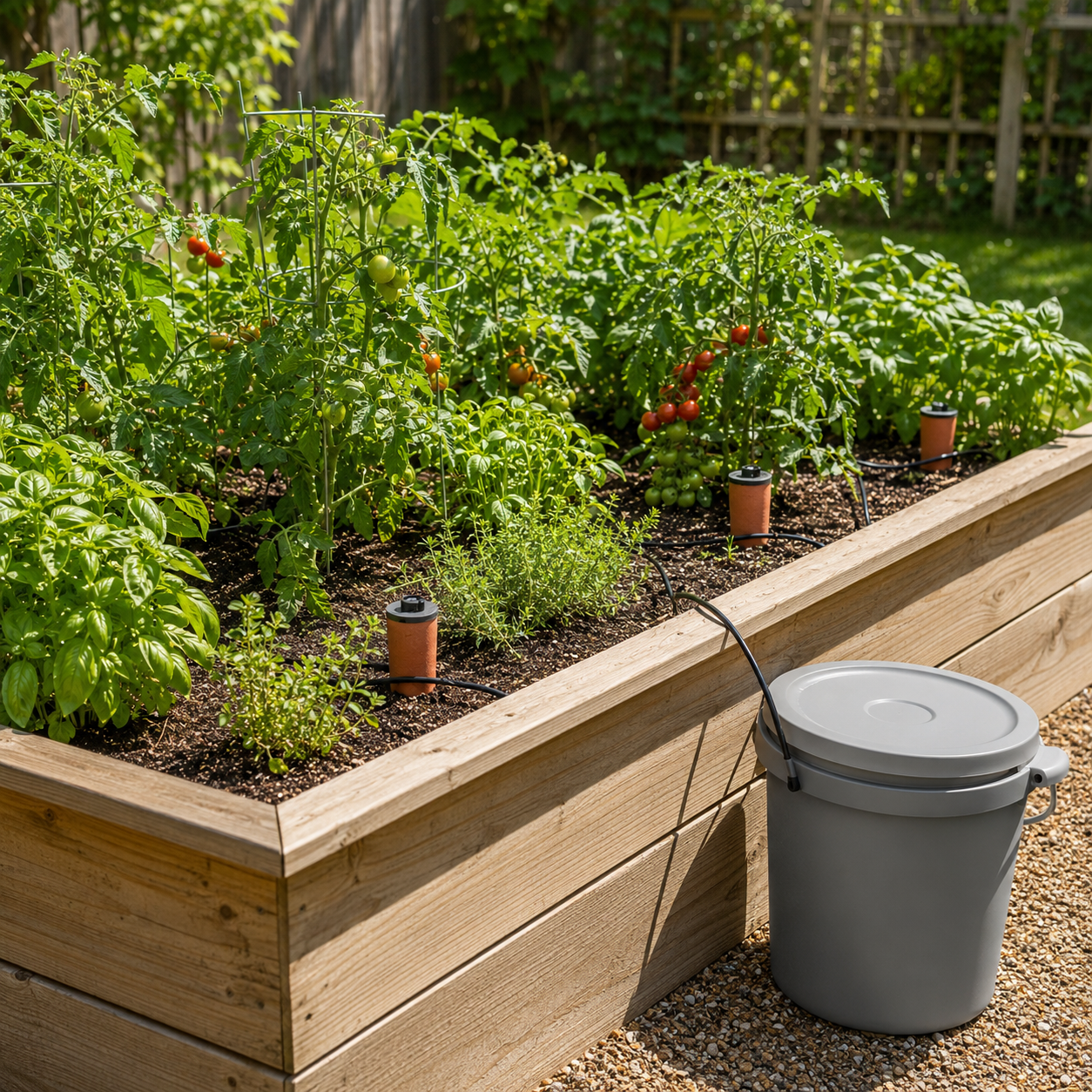 Olla watering system across raised vegetable bed