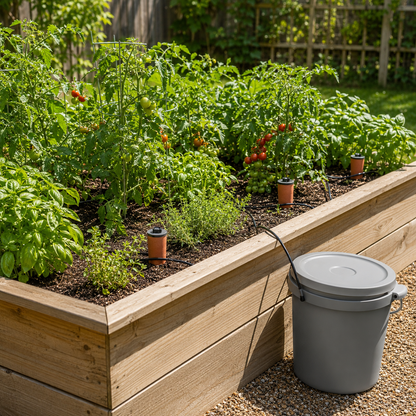 Olla watering system across raised vegetable bed