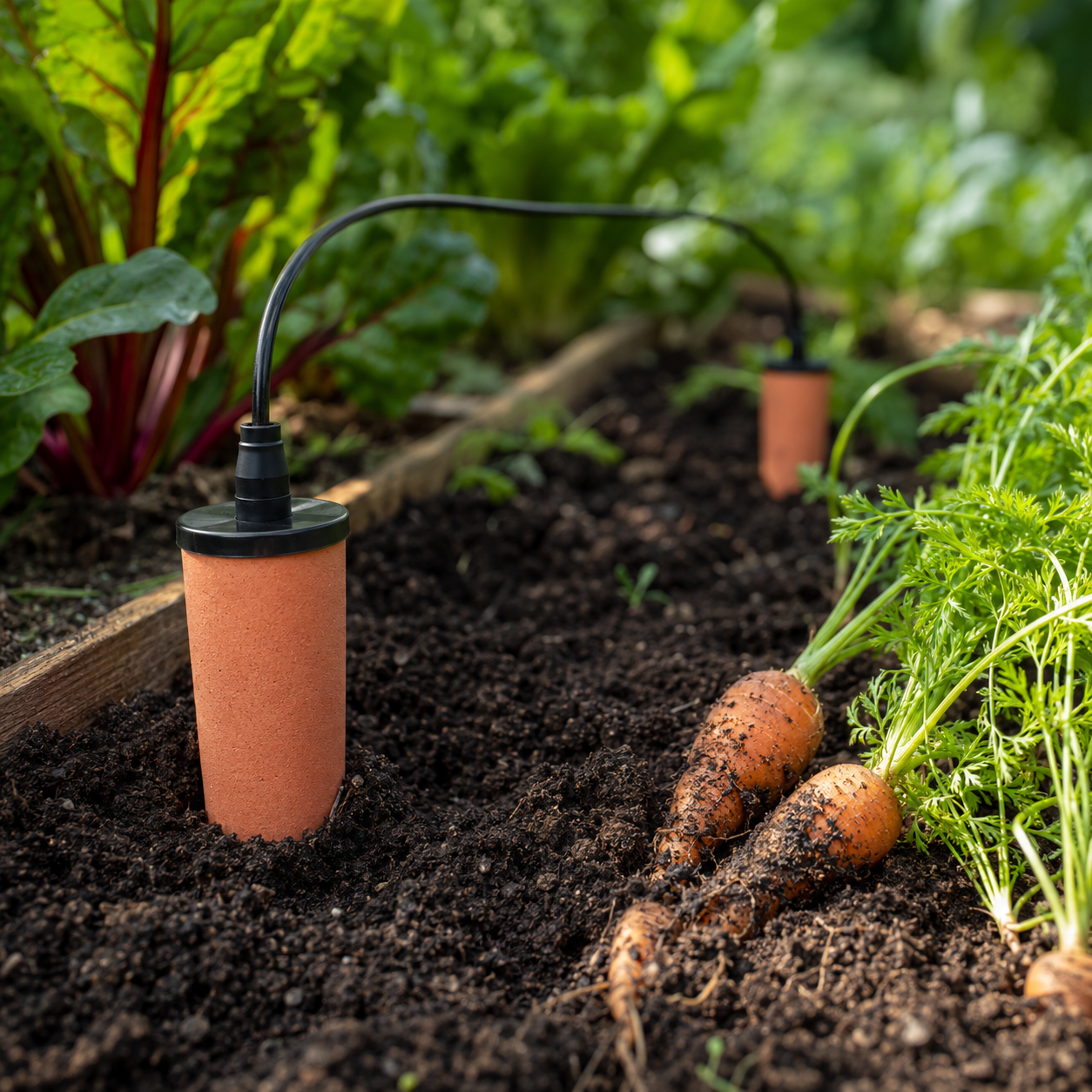 Porous olla watering cup installed in soil