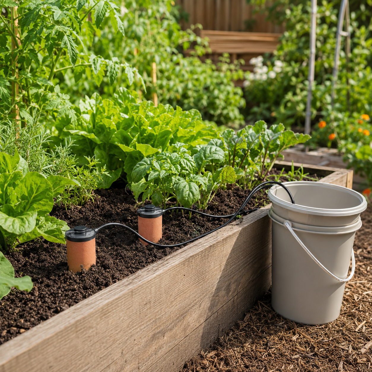 Automatic olla watering system in raised garden bed